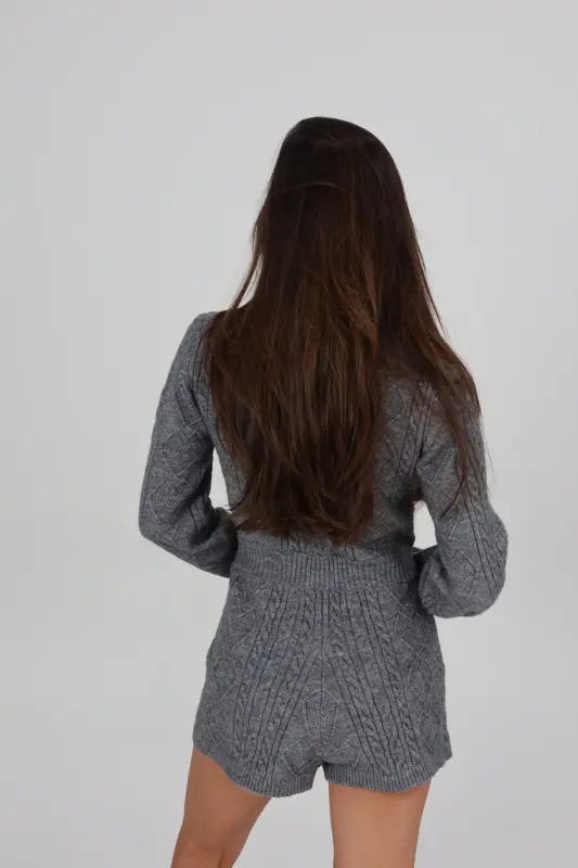 Cozy Cable Knit Button-Up Romper In Grey